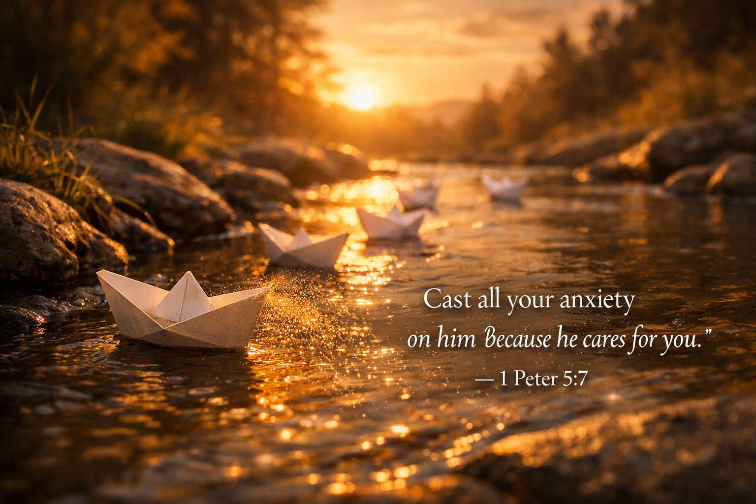 1 Peter 5:7 — Cast All Your Anxiety — Paper Boats Golden Stream Wallpaper